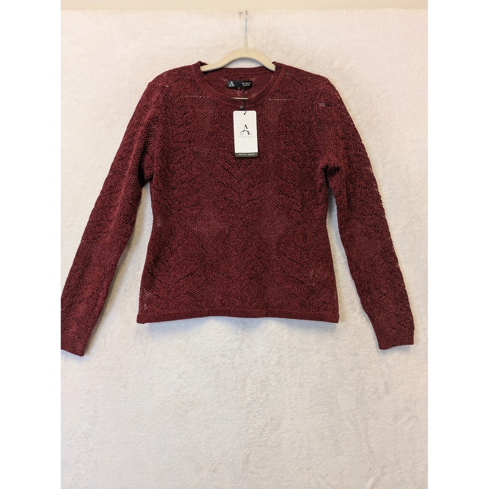 Anewsta Women's Size S Burgundy Pointelle‎ Knit Sweater Wine Red Crochet NWT